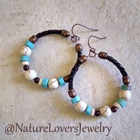 Rustic SouthWestern Flair! Leather + Jasper + Turquoise Howlite Hoop Earrings - Picture 2 of 11
